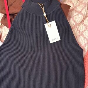 Quince NWT women’s mock neck halter ribbed knit tank Sleeveless Top. Black L